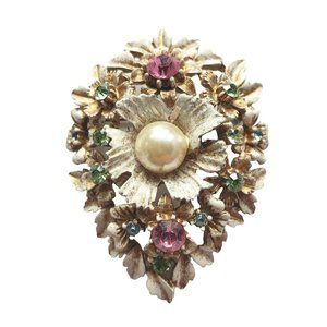 Vintage Florenza Jeweled Floral Brooch Gold Tone Faux Pearl Rhinestone Signed
